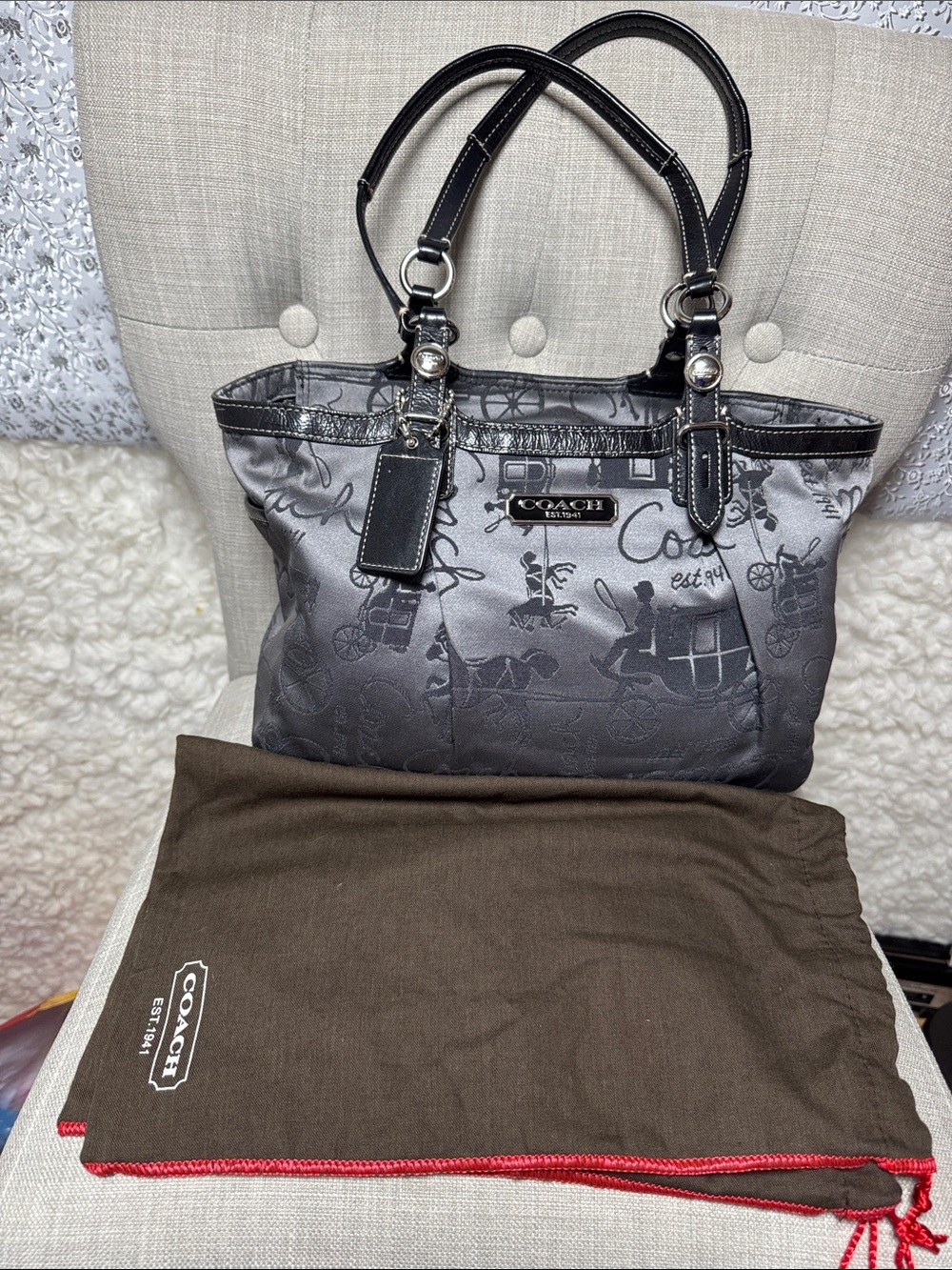 Coach Gray Signature Jacquard Shoulder Bag with Black Trim with a dust bag